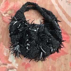 Black Beaded Handbag with Fringe